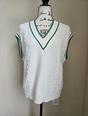 Talbotd Cable Knit Vest Womens M White V Neck Preppy Tennis